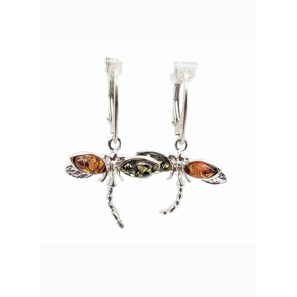Multi-Color BALTIC AMBER Dragonfly Earrings 925 STERLING SILVER